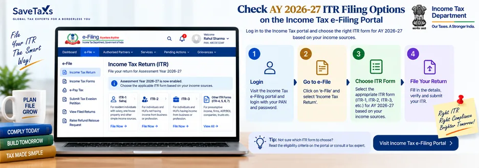 Check AY 2026-27 ITR filing options on the Income Tax portal