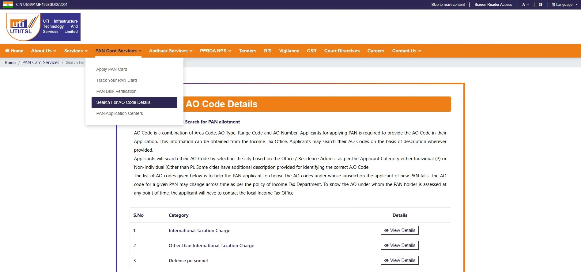 Find AO Code For PAN Card Online via UTIITSL Website