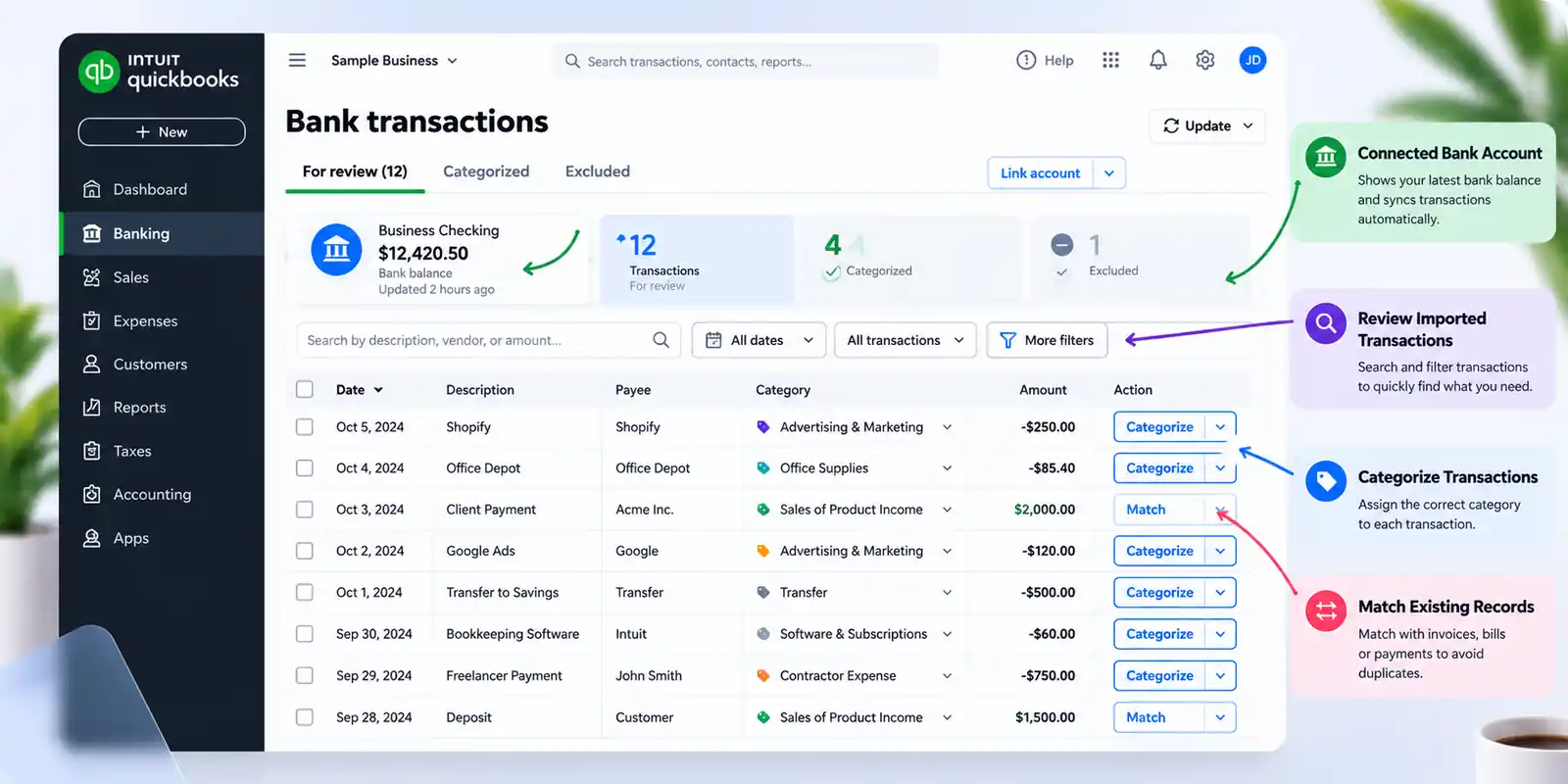 Review QuickBooks Online bank transactions for bookkeeping