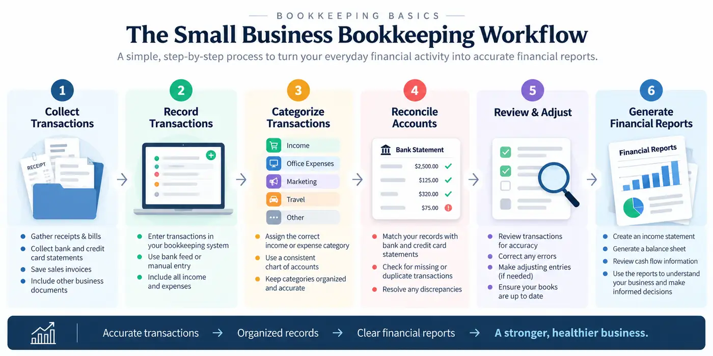 Follow the small business bookkeeping process from transactions to financial reports