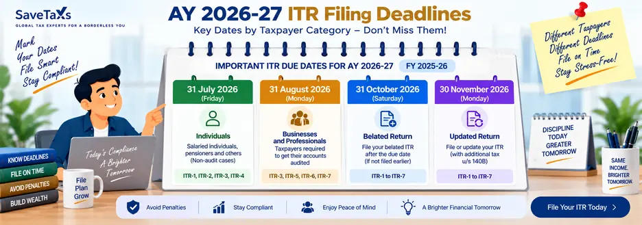 Check ITR filing deadlines 2026 by taxpayer category