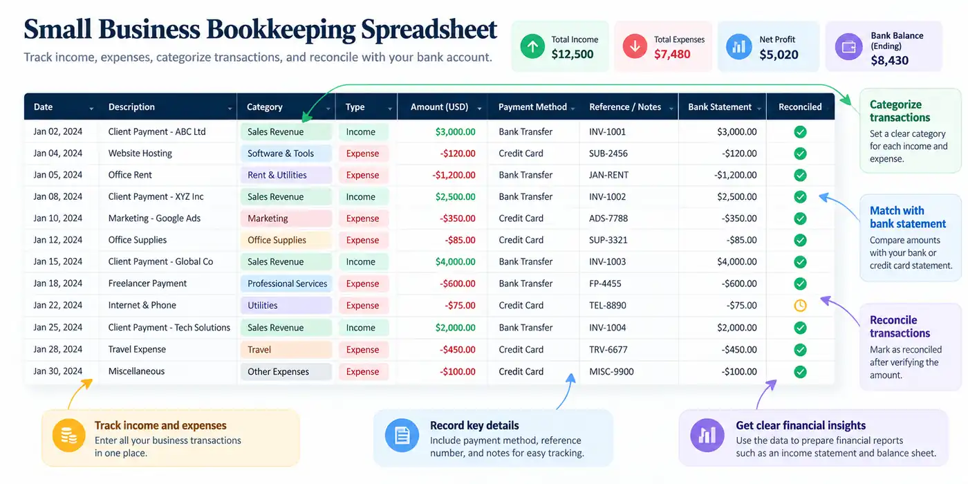 Track small business bookkeeping in a spreadsheet